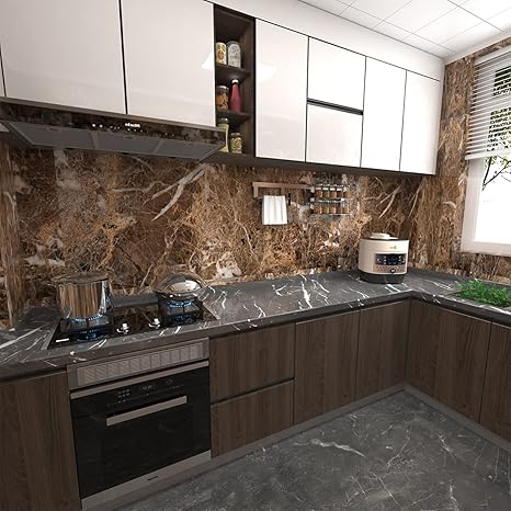 Dark Brown Marble Sticker Wallpaper Waterproof Oil Resistant for Kitchen