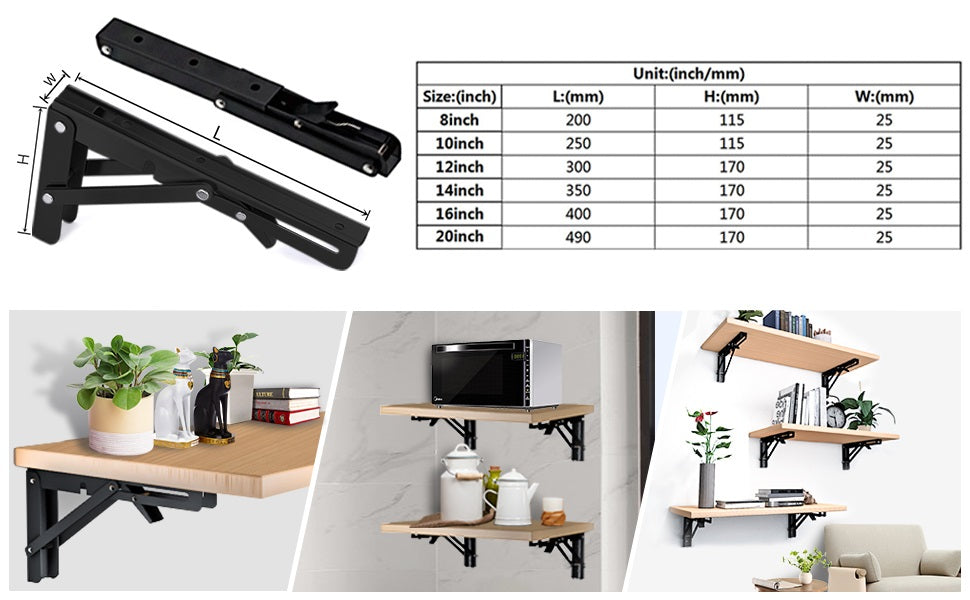 Folding Shelf Brackets, Heavy Duty Shelf Brackets Collapsible L Shelf Brackets, DIY Wall Mounted Folding Table Hinge, Space Saving for Bench Table with Screws
