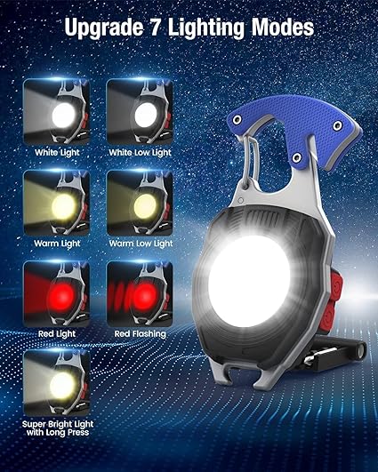 Cob Keychain Work Light Flashlight 7 Light Modes 1600Lumen, Portable USB Rechargeable, Adjustable, Waterproof, Black Aluminum, LED, 1 Lithium-Ion Polymer Battery