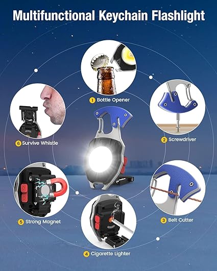 Cob Keychain Work Light Flashlight 7 Light Modes 1600Lumen, Portable USB Rechargeable, Adjustable, Waterproof, Black Aluminum, LED, 1 Lithium-Ion Polymer Battery