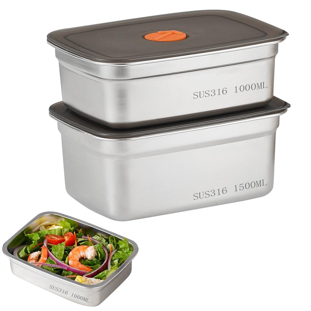Fridge Storage Box 1000ml and 1500ml 316 Stainless Steel Food Storage Container with Airtight Lids,Leakproof Kitchen Organizer,Freezer Safe
