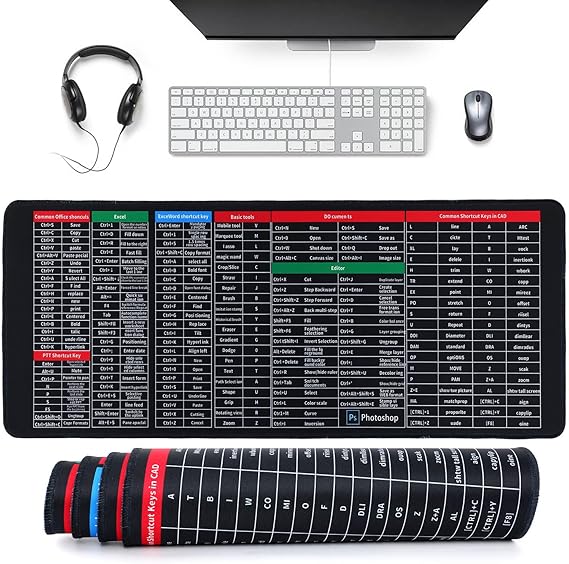 Large Extended Gaming Mouse Pad with Word Excel Office Software Excel Shortcuts PPT Windows,Stitched Edges Non-Slip Waterproof Rubber Base Mouse Pad for Office Desk Pad(27.5X11.8 in)