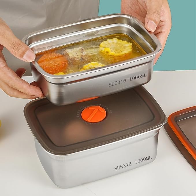 1000 ML Fridge Storage Box Stainless Steel Tray Plate Container with Airtight Lids,Leakproof Kitchen Organizer,Freezer Safe