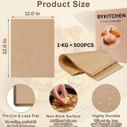1-KG= 500 Pcs Heavy Duty Unbleached Parchment Paper, Parchment Paper Sheets for Baking Cookies, Cooking, Air Fryer, Grilling Rack, Oven12X12 Inch