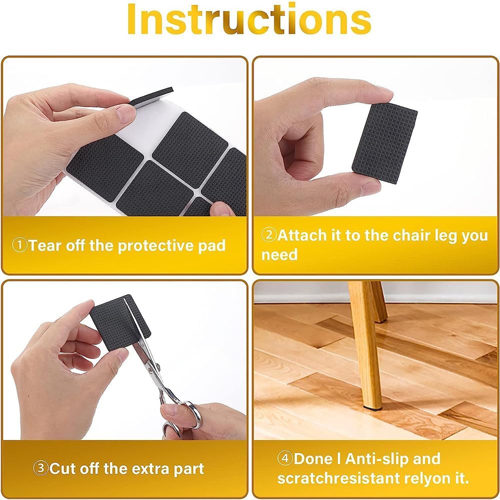 15 Square Pieces, Non-Slip Furniture Pads, Black, Chair Leg Floor Protectors, Self-Adhesive Grippers, Hardwood Floors