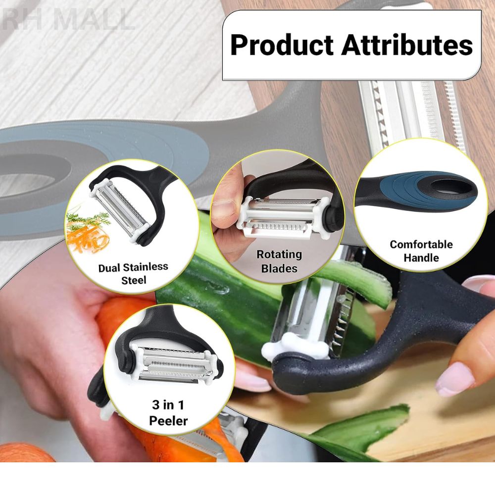 3 in 1 Rotary Multi-Functional Peeler,Suitable for Vegetable and Fruit,with Serrated Blade + Straight Julian Stainless Steel,Anti-Slip Handle Design,Slicer Kitchen Tools