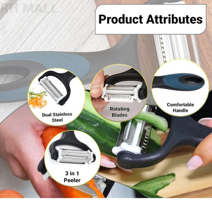 3 in 1 Rotary Multi-Functional Peeler,Suitable for Vegetable and Fruit,with Serrated Blade + Straight Julian Stainless Steel,Anti-Slip Handle Design,Slicer Kitchen Tools