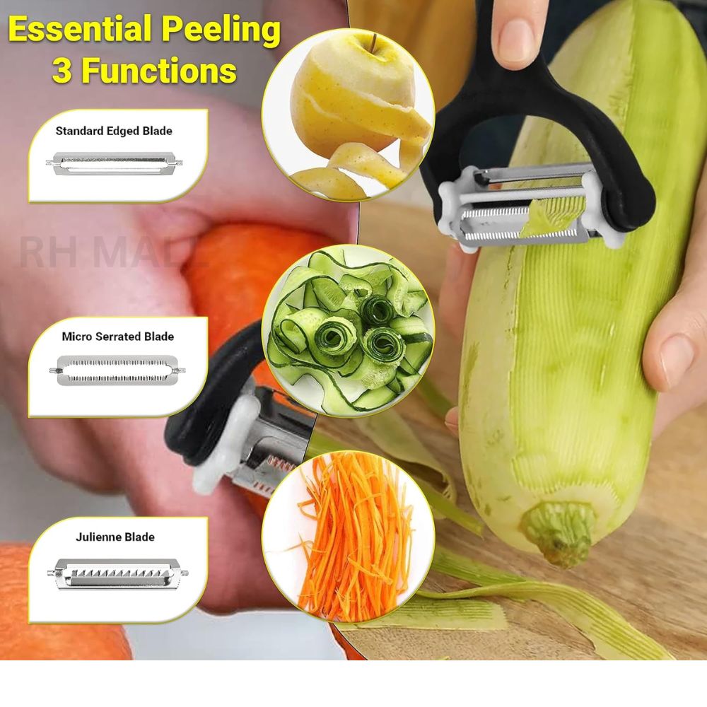 3 in 1 Rotary Multi-Functional Peeler,Suitable for Vegetable and Fruit,with Serrated Blade + Straight Julian Stainless Steel,Anti-Slip Handle Design,Slicer Kitchen Tools