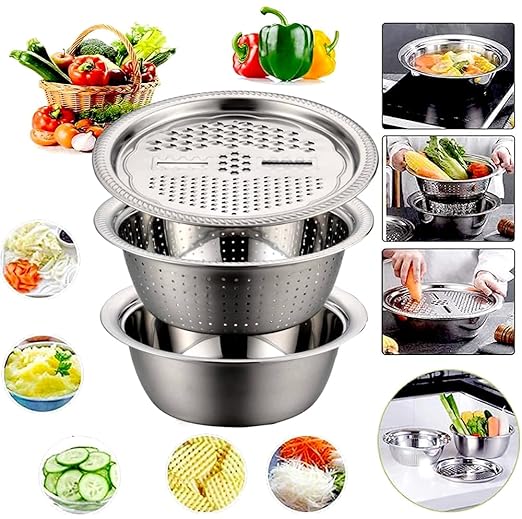 Multifunctional Stainless Steel Basin,Shredding Drainage Chopping,4 in 1 Colander Strainer Set,Cheese Graters Salad Spinner Maker Bowl Drain Basin Fruit Vegetable Rice Washing Basket