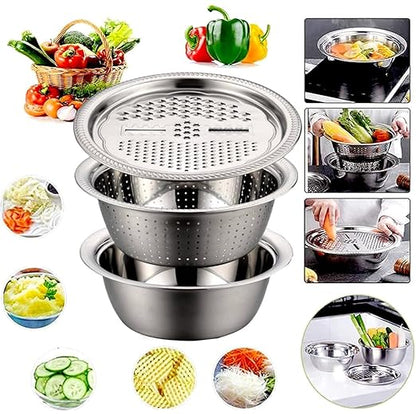 Multifunctional Stainless Steel Basin,Shredding Drainage Chopping,4 in 1 Colander Strainer Set,Cheese Graters Salad Spinner Maker Bowl Drain Basin Fruit Vegetable Rice Washing Basket