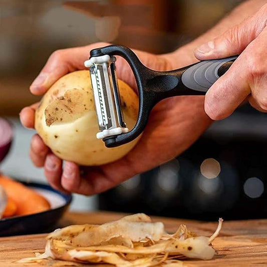 3 in 1 Rotary Multi-Functional Peeler,Suitable for Vegetable and Fruit,with Serrated Blade + Straight Julian Stainless Steel,Anti-Slip Handle Design,Slicer Kitchen Tools