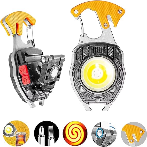 Cob Keychain Work Light Flashlight 7 Light Modes 1600Lumen, Portable USB Rechargeable, Adjustable, Waterproof, Black Aluminum, LED, 1 Lithium-Ion Polymer Battery