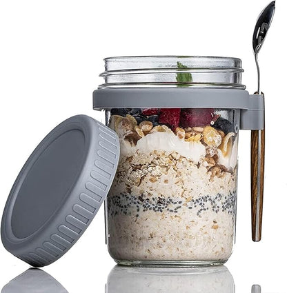 Overnight Oats Jars, Overnight Oats Container with Lid and Spoon, 350 ml Milk, Vegetable and fruit Salad Storage Container with Measurement Marks (multi-colour)