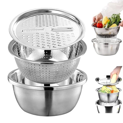 Multifunctional Stainless Steel Basin,Shredding Drainage Chopping,4 in 1 Colander Strainer Set,Cheese Graters Salad Spinner Maker Bowl Drain Basin Fruit Vegetable Rice Washing Basket