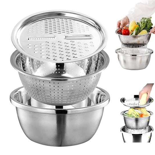 Multifunctional Stainless Steel Basin,Shredding Drainage Chopping,4 in 1 Colander Strainer Set,Cheese Graters Salad Spinner Maker Bowl Drain Basin Fruit Vegetable Rice Washing Basket