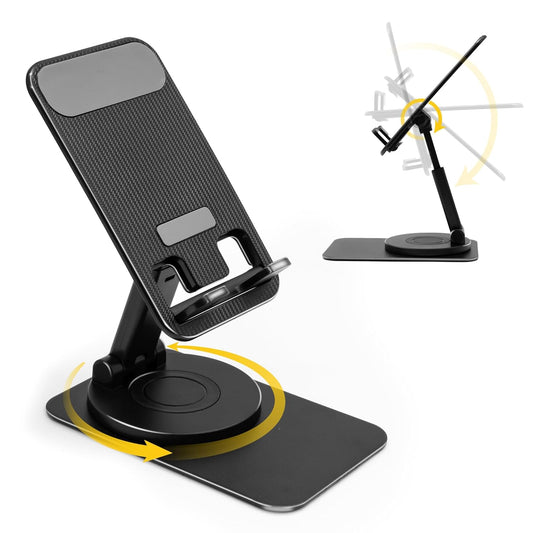 Rotatable Cell Phone Stand, Fully Adjustable Foldable Desktop Phone Holder, Height Adjustable Phone Stand with Charging Hole, Portable, Compatible with All Smart Phones, e-Reader, Black