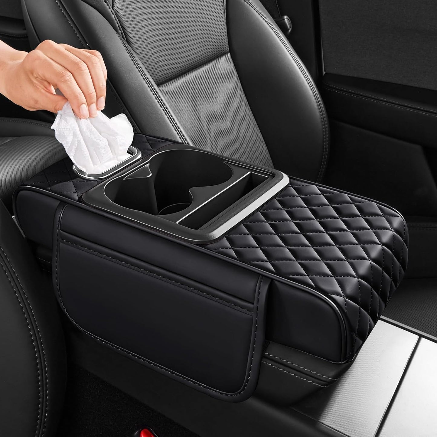 5 in 1 Car Center Console Cover, Armrest Pad with 2 Storage Pockets, Cup Holder, Tissue Box Slot, Phone Holder, Universal Car Interior Organizer