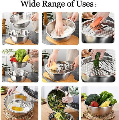 Multifunctional Stainless Steel Basin,Shredding Drainage Chopping,4 in 1 Colander Strainer Set,Cheese Graters Salad Spinner Maker Bowl Drain Basin Fruit Vegetable Rice Washing Basket