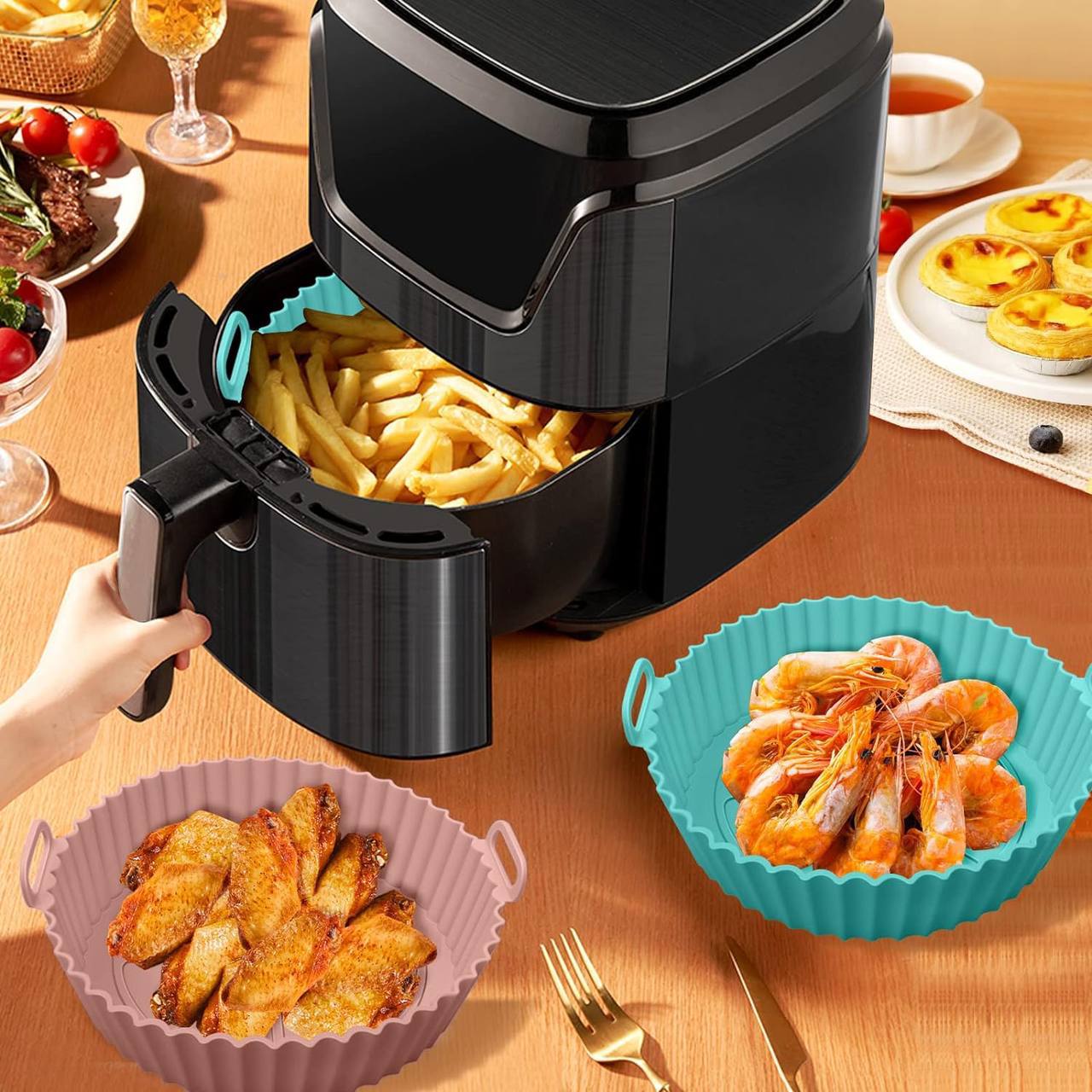 2 PCS Round Air Fryer Silicone Liners Pot Basket Baking Tray with Ear Handles I Nonstick Reusable Heat Resistant I Cooking Oven Insert Accessories - (Multicolor)