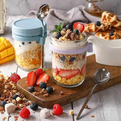 350 ml Overnight Oats Containers with Lids and Spoons, Glass Mason Jars for Overnight Oats Leak Proof Oatmeal Container Great for Cereal Fruit Vegetable Milk Salad Yogurt
