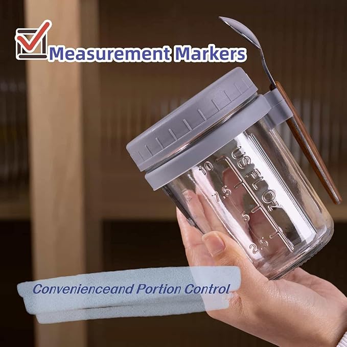 350 ml Overnight Oats Containers with Lids and Spoons, Glass Mason Jars for Overnight Oats Leak Proof Oatmeal Container Great for Cereal Fruit Vegetable Milk Salad Yogurt