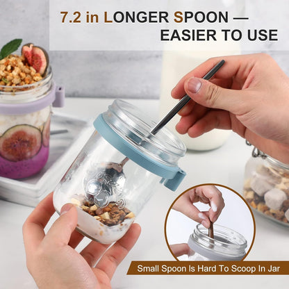 350 ml Overnight Oats Containers with Lids and Spoons, Glass Mason Jars for Overnight Oats Leak Proof Oatmeal Container Great for Cereal Fruit Vegetable Milk Salad Yogurt
