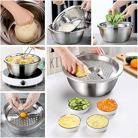 Multifunctional Stainless Steel Basin,Shredding Drainage Chopping,4 in 1 Colander Strainer Set,Cheese Graters Salad Spinner Maker Bowl Drain Basin Fruit Vegetable Rice Washing Basket