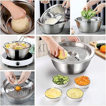Multifunctional Stainless Steel Basin,Shredding Drainage Chopping,4 in 1 Colander Strainer Set,Cheese Graters Salad Spinner Maker Bowl Drain Basin Fruit Vegetable Rice Washing Basket