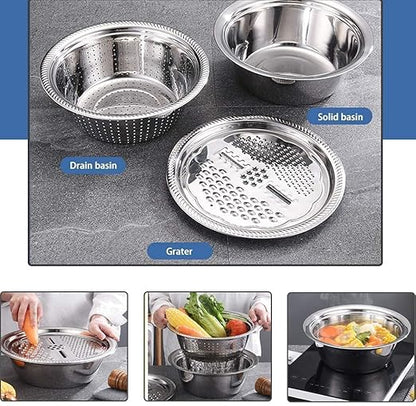 Multifunctional Stainless Steel Basin,Shredding Drainage Chopping,4 in 1 Colander Strainer Set,Cheese Graters Salad Spinner Maker Bowl Drain Basin Fruit Vegetable Rice Washing Basket