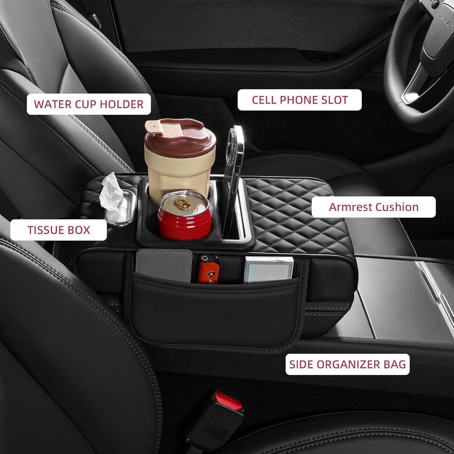 5 in 1 Car Center Console Cover, Armrest Pad with 2 Storage Pockets, Cup Holder, Tissue Box Slot, Phone Holder, Universal Car Interior Organizer
