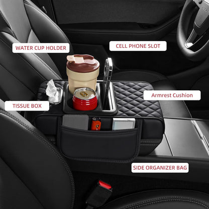 5 in 1 Car Center Console Cover, Armrest Pad with 2 Storage Pockets, Cup Holder, Tissue Box Slot, Phone Holder, Universal Car Interior Organizer