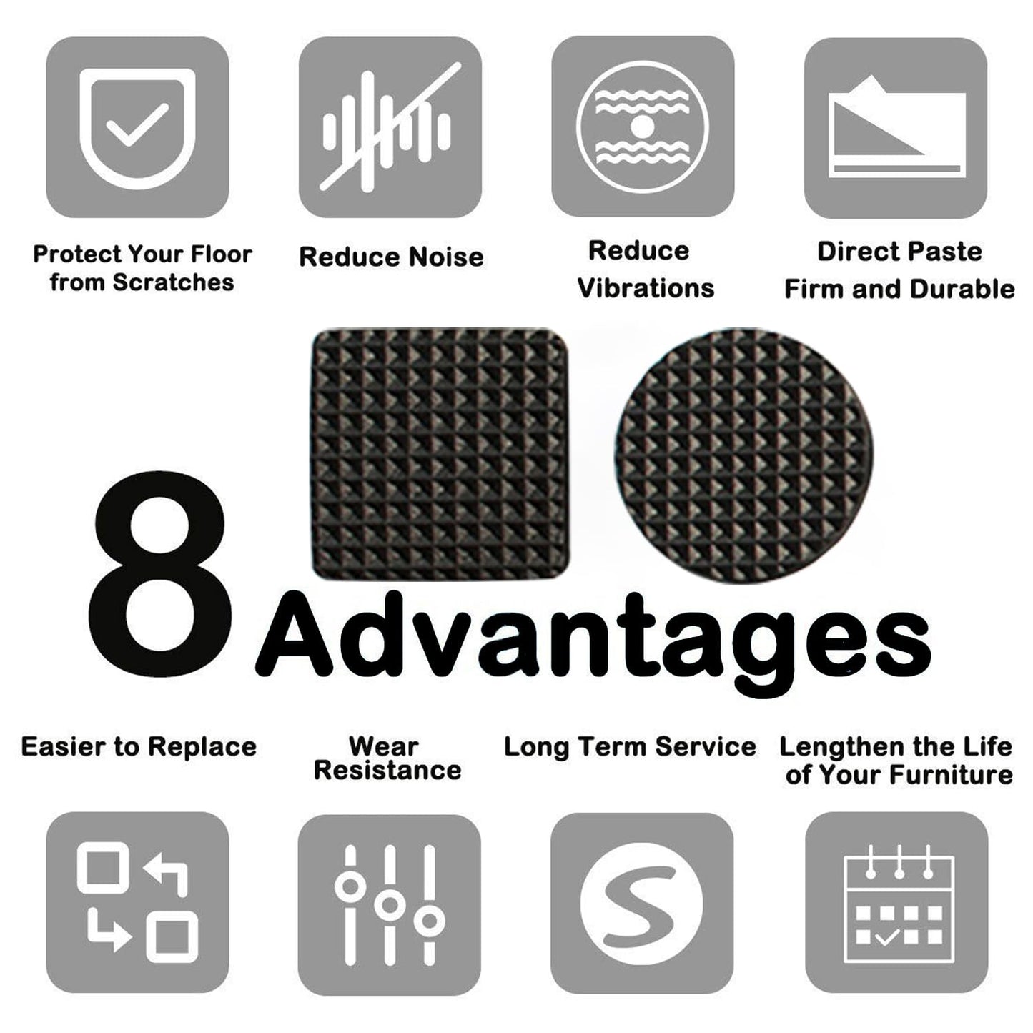 15 Square Pieces, Non-Slip Furniture Pads, Black, Chair Leg Floor Protectors, Self-Adhesive Grippers, Hardwood Floors