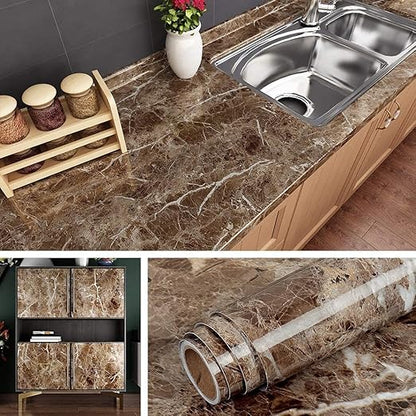 Dark Brown Marble Sticker Wallpaper Waterproof Oil Resistant for Kitchen