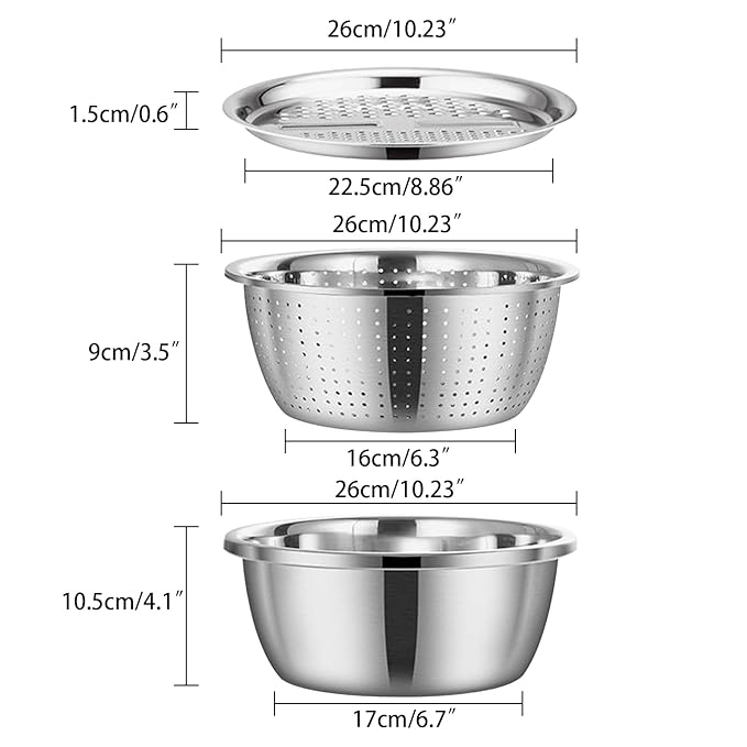 Multifunctional Stainless Steel Basin,Shredding Drainage Chopping,4 in 1 Colander Strainer Set,Cheese Graters Salad Spinner Maker Bowl Drain Basin Fruit Vegetable Rice Washing Basket