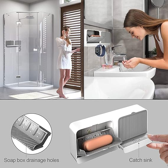 Dust-Proof Soap Holder for Shower Wall, Adhesive Wall-Mounted Bar Soap Dish, No-Drill Plastic Soap Saver with Drain, xicveiuz White-Grey