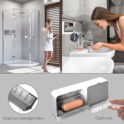 Dust-Proof Soap Holder for Shower Wall, Adhesive Wall-Mounted Bar Soap Dish, No-Drill Plastic Soap Saver with Drain, xicveiuz White-Grey