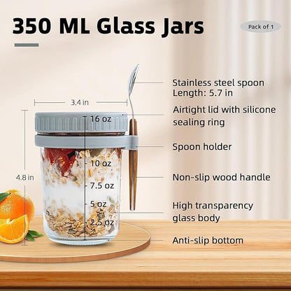 Overnight Oats Jars, Overnight Oats Container with Lid and Spoon, 350 ml Milk, Vegetable and fruit Salad Storage Container with Measurement Marks (multi-colour)