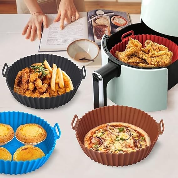 2 PCS Round Air Fryer Silicone Liners Pot Basket Baking Tray with Ear Handles I Nonstick Reusable Heat Resistant I Cooking Oven Insert Accessories - (Multicolor)