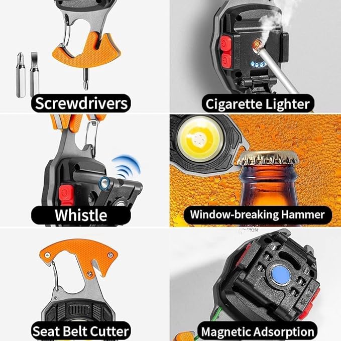 Cob Keychain Work Light Flashlight 7 Light Modes 1600Lumen, Portable USB Rechargeable, Adjustable, Waterproof, Black Aluminum, LED, 1 Lithium-Ion Polymer Battery