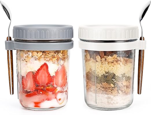 350 ml Overnight Oats Containers with Lids and Spoons, Glass Mason Jars for Overnight Oats Leak Proof Oatmeal Container Great for Cereal Fruit Vegetable Milk Salad Yogurt