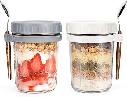 350 ml Overnight Oats Containers with Lids and Spoons, Glass Mason Jars for Overnight Oats Leak Proof Oatmeal Container Great for Cereal Fruit Vegetable Milk Salad Yogurt