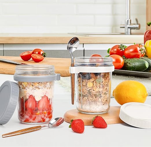 350 ml Overnight Oats Containers with Lids and Spoons, Glass Mason Jars for Overnight Oats Leak Proof Oatmeal Container Great for Cereal Fruit Vegetable Milk Salad Yogurt