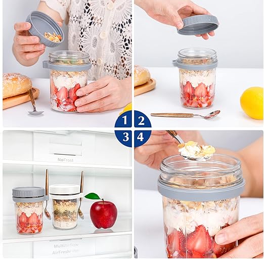 350 ml Overnight Oats Containers with Lids and Spoons, Glass Mason Jars for Overnight Oats Leak Proof Oatmeal Container Great for Cereal Fruit Vegetable Milk Salad Yogurt