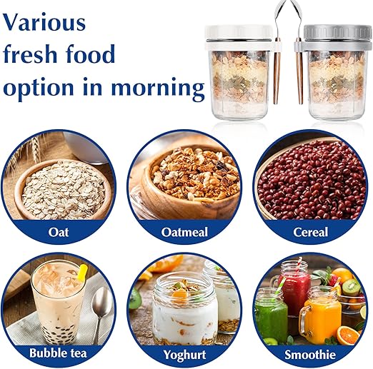 350 ml Overnight Oats Containers with Lids and Spoons, Glass Mason Jars for Overnight Oats Leak Proof Oatmeal Container Great for Cereal Fruit Vegetable Milk Salad Yogurt