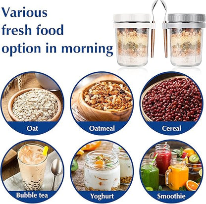 350 ml Overnight Oats Containers with Lids and Spoons, Glass Mason Jars for Overnight Oats Leak Proof Oatmeal Container Great for Cereal Fruit Vegetable Milk Salad Yogurt