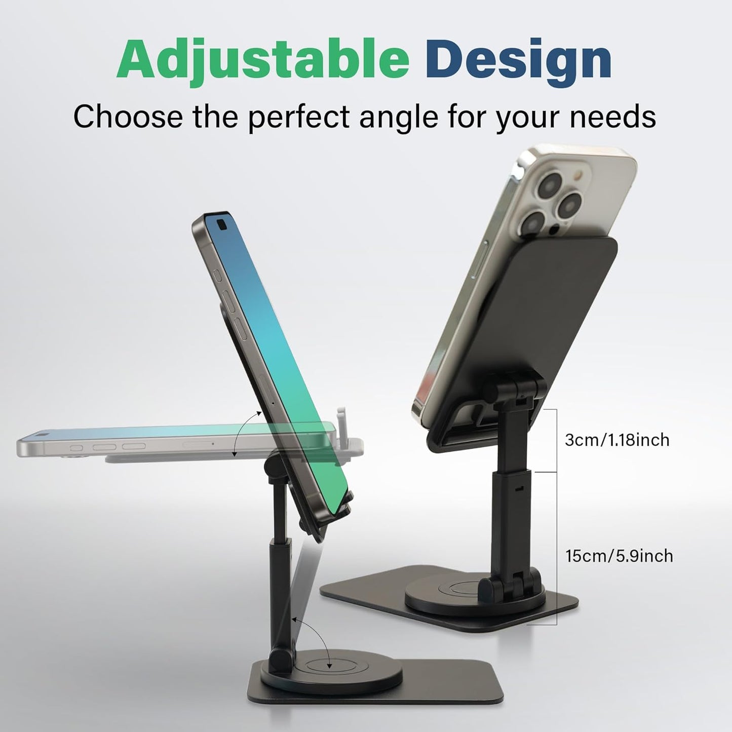 Rotatable Cell Phone Stand, Fully Adjustable Foldable Desktop Phone Holder, Height Adjustable Phone Stand with Charging Hole, Portable, Compatible with All Smart Phones, e-Reader, Black