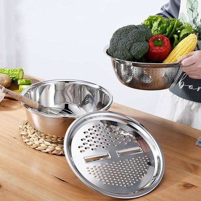 Multifunctional Stainless Steel Basin,Shredding Drainage Chopping,4 in 1 Colander Strainer Set,Cheese Graters Salad Spinner Maker Bowl Drain Basin Fruit Vegetable Rice Washing Basket