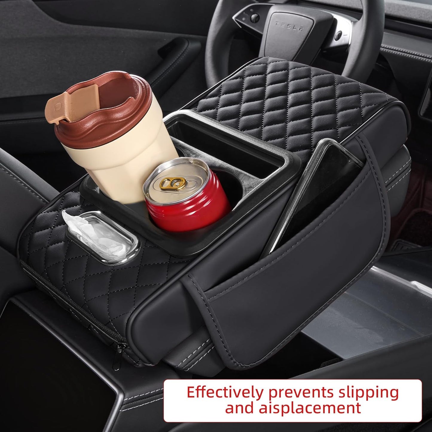 5 in 1 Car Center Console Cover, Armrest Pad with 2 Storage Pockets, Cup Holder, Tissue Box Slot, Phone Holder, Universal Car Interior Organizer