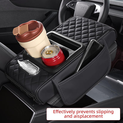 5 in 1 Car Center Console Cover, Armrest Pad with 2 Storage Pockets, Cup Holder, Tissue Box Slot, Phone Holder, Universal Car Interior Organizer