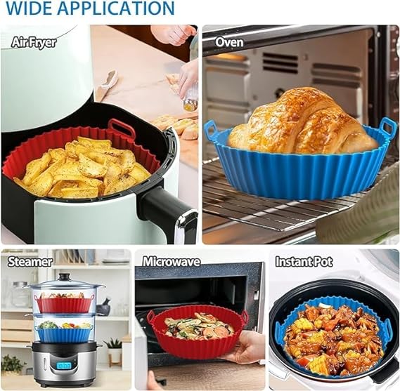 2 PCS Round Air Fryer Silicone Liners Pot Basket Baking Tray with Ear Handles I Nonstick Reusable Heat Resistant I Cooking Oven Insert Accessories - (Multicolor)